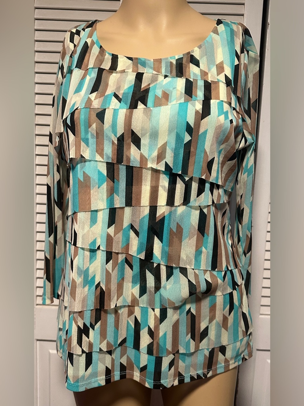 Alfani Geometric Tiered Blouse Blue Brown 3/4 Sleeves Women’s L
